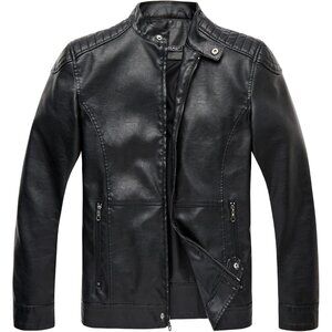 Men's Black Faux Leather Stand Collar Zipper Classic Slim Fit Biker Jacket